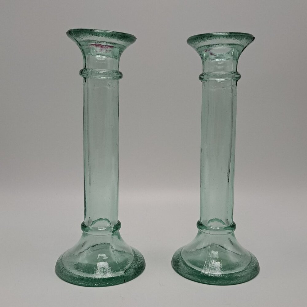 Vintage Recycled Glass Candlestick Holders Pair Made In Spain